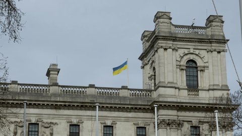 London , United Kingdom (UK) - 03 17 2022: Ukrainian Flag Flying Above Foreign and Commonwealth Office Association Building In Whitehall On 17 March 2022