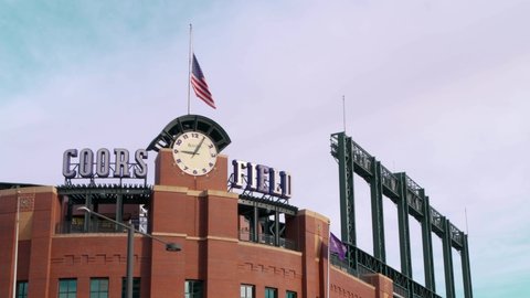 Denver , Colorado , United States - 01 16 2022: Coors Field Baseball Stadium Sign and Clock