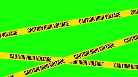 CAUTION HIGH VOLTAGE Barricade Tape Lines 4K Animation, Green Background for Chroma Key Use