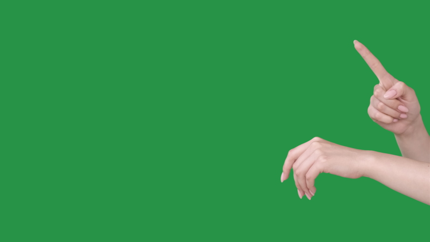 Hurry up. Limited time. Last chance. Exclusive offer. Female hand showing invisible wrist watch pointing finger at copy space isolated on green chroma key advertising background.