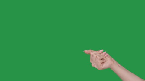 Money gesture. Pay me. Alimony debt. Tax bill. Annoyed woman hand demanding cash on open palm isolated on green chroma key copy space background.