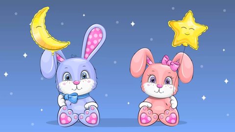 Baby rabbit boy and girl with moon and star balloons. Cute cartoon looped animal animation. Night background.