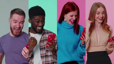 Multi-screen vertical portrait shot of happy excited winners men and women use mobile cell phone typing browsing say wow yes found out great big win news. People group isolated on studio background