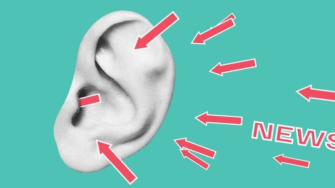 Getting fresh information. Arrows in human ear. Contemporary art collage. Inspiration, idea, trendy urban magazine style. Negative space to insert your text or ad. 4k. Stop motion and 2D animation Video de stock