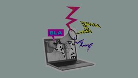 News, info. Shouting out your own thoughts online. Man with megaphone in laptop. Modern design, contemporary collage. Inspiration, idea, trendy urban magazine style. 4k. Stop motion and 2D animation
