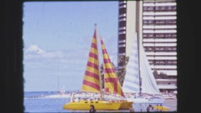 Waikiki Beach in Hawaii circa 1980, sea view of the beach and built up hotels.
