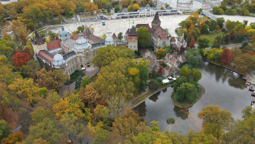 Slow aerial rotation of Vajdahunyad Castle in Budapest