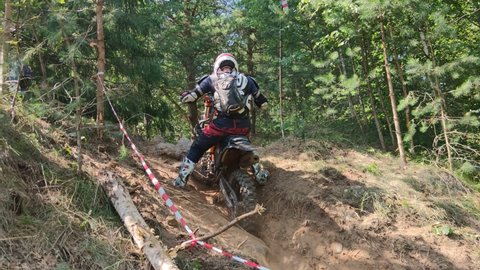 Russia - July 10, 2021. Torzhok, Panika village, Tver region. Motorcyclists on motorcycles are preparing for the start. Motocross. Enduro-cross. Motorcycle race with obstacles. Enduro competitions.