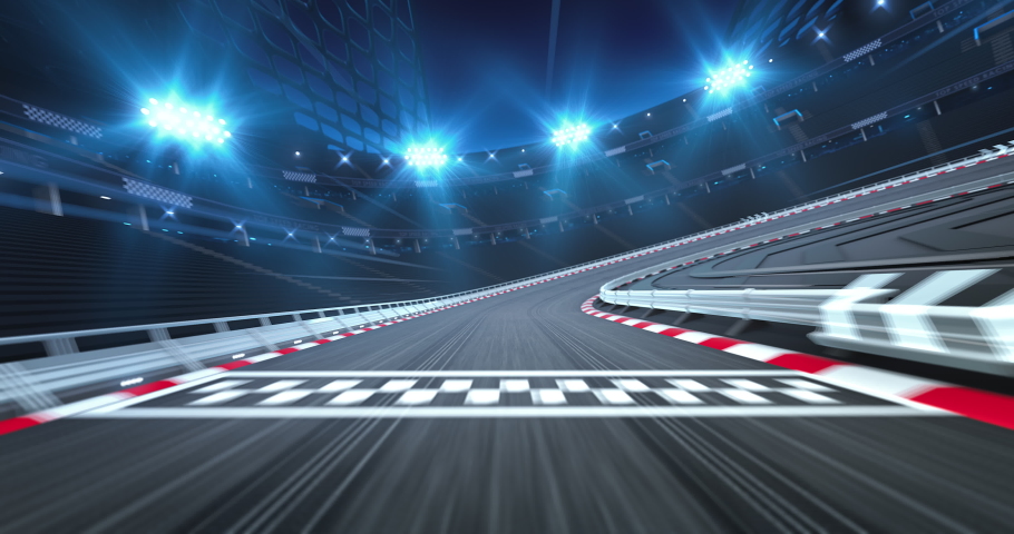 Asphalt racetrack with tire prints and illuminated racing circuit at night ride. Professional automotive and sports 4K video in seamless loop. Royalty-Free Stock Footage #1088792063