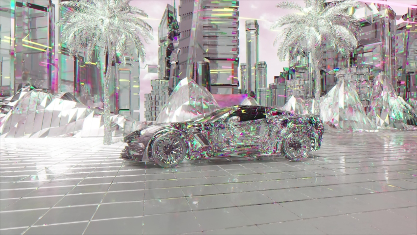 Futuristic concept. The diamond sports car drives through the diamond city. Road. Travel. 3d animation of seamless loop Royalty-Free Stock Footage #1088792745