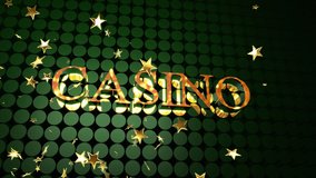 Composite video of multiple golden star icons falling against casino text banner on green background. casino and gambling concept