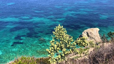 Beautiful panoramic view of Elba island coastline, view of Sansone beach and emerald bay, Livorno, Tuscany, Italy
