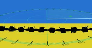 Animation of radar, soldiers and barber wire over flag of ukraine. ukraine crisis and international politics concept digitally generated video.