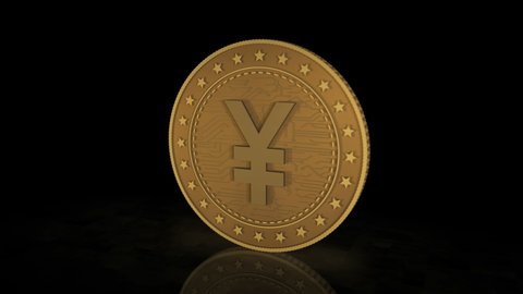 Japanese Yen 3d gold coin on background. Rotate golden metal abstract concept animation of economy and finance.