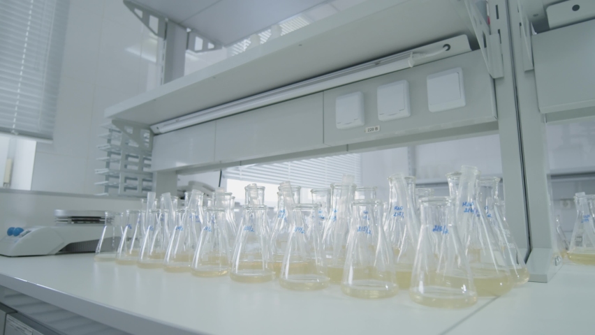 Laboratory Glassware With Yellow Liquids Inside on a Bright Background