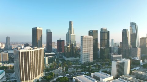 LOS ANGELES, CA, USA - March 15, 2022: Los Angeles drone. Aerial view of LA skyline, modern office buildings, skyscrapers, banks, downtown apartments. Urban life, financial business center, city USA
