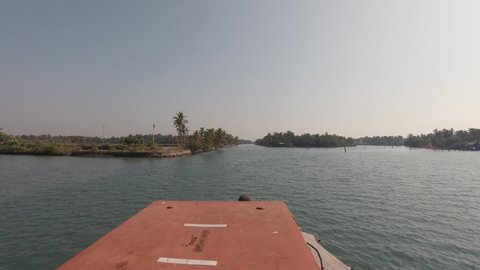 POV view from top of ferry boat, exploring backwaters of Alleppey, Kerala