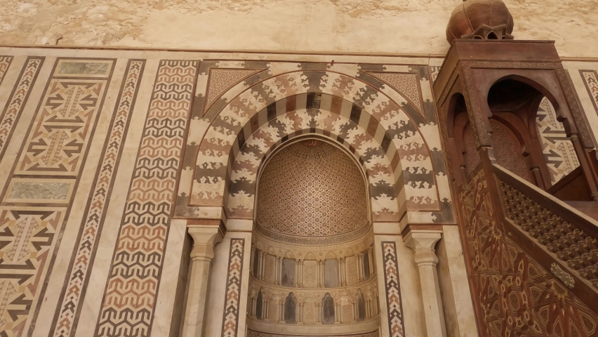 Mihrab and minbar of Mamluk Sultan al-Nasir Muhammad ibn Qalawun mosque, Cairo citadel in Egypt. Tilt down