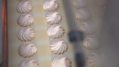 Delicious creamy marshmallow sweets moving slowly on the conveyor belt. Freshly-made vanilla desserts come out from machine. Close up. Top view.
