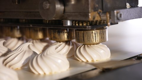 Machine producing white vanilla marshmallows. Creamy desserts are laid on the conveyor line. Close up.