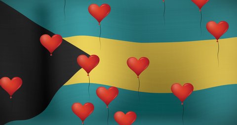 Animation of hearts over flag of bahamas. flags, national symbols and patriotism concept digitally generated video.