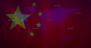 Animation of financial data and graphs on screens over flag of china. global economy, finance and politics concept digitally generated video.