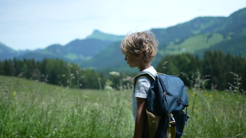 Young boy hiking in the mountain child walking in green nature path
