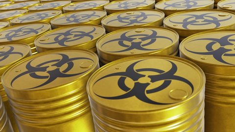 Realistic tracking camera looping 3D animation of the yellow toxic waste barrels with Biological hazard or Biohazard symbol rendered in UHD