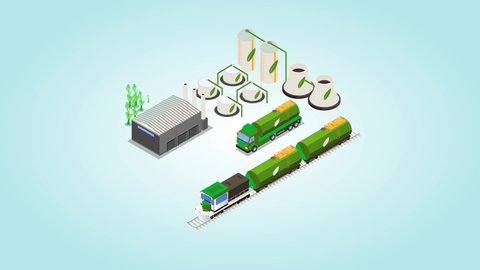Biodiesel factory buildings animation with truck and train. Cartoon in 4k resolution