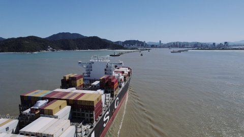 Itajaí, Santa Catarina, Brazil, circa March, 2022: Container Cargo Ship Aerial View, Import Export Business Logistics and International Transport by Container Ship in Open Sea.