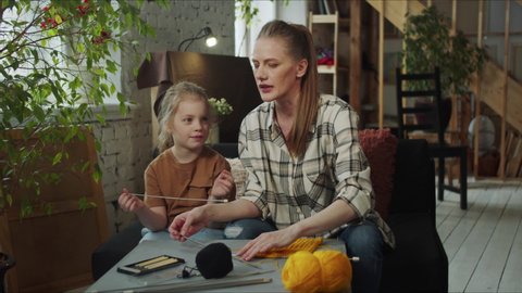 Babysitter Teaches Little Girl How Crochet Stock Footage Video (100% ...