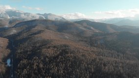 aerial view of winter mountains in romania at sunny afternoon. High quality 4k footage