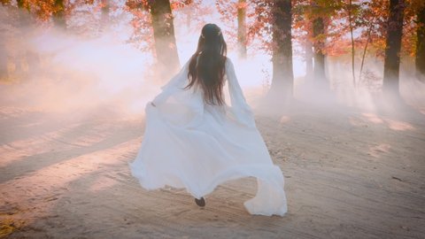 Fantasy woman queen runs in autumn forest. lady in long elegant white silk dress vintage costume fabric flying in wind. orange color tree. Sun sunset back, turned away. Girl elf goddess. Slow motion
