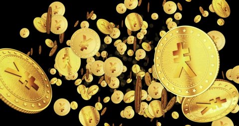 Japanese Yen a looped flight between golden coins. Loopable abstract background. 3D seamless loop concept of economy and finance.