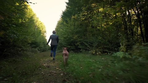 Woman running with her dog dog in the park forest. travel concept. Wide shot footage Slow motion