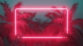 Retrowave glowing rectangle frame appears in the tropical palm tree zoom out - Powered by Shutterstock - Get 15% off with code: PIKWIZARD15