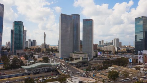 Tel Aviv Azrieli mall skyline hyperlapse timelapse - 4k aerial drone footage, Israel - 22.02.2022