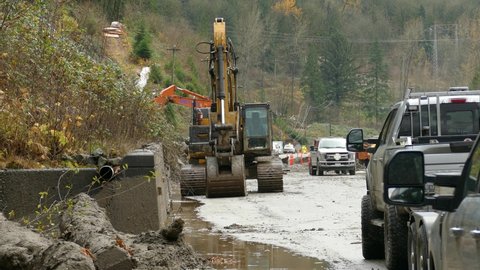 Popkum , British Columbia , Canada - 11 23 2021: Roadwork after floods in Popkum, British Columbia