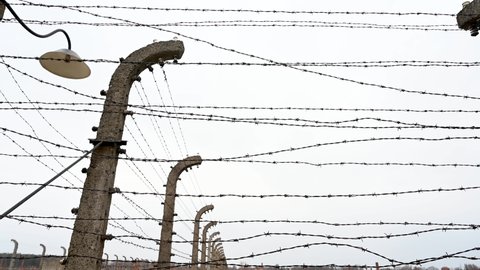Barbed wire in concentration camp. Close-up of sharp wire fence against cloudy sky. Rusty metal barbered wire. 