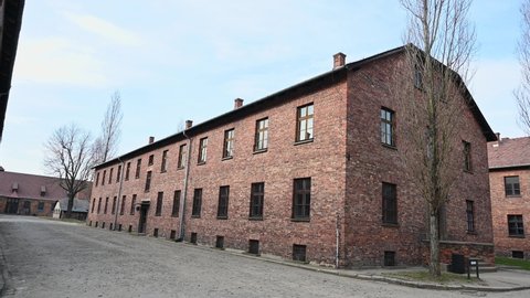 Oświęcim, Poland, March 2022: Auschwitz concentration and extermination camp. Barracks in concentration camp. Nazi death camp.