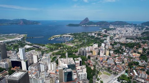Town of Rio de Janeiro Brazil. Panoramic view of downtown Rio de Janeiro Brazil at sunny day. Tourism landmark of Rio de Janeiro Brazil. Coast overview of downtown city of Rio de Janeiro Brazil.