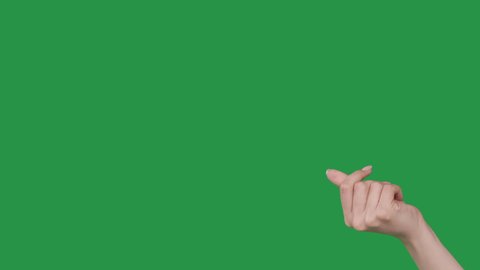 Pay me. Money gesture. Corruption bribery. Cash sign. Female hand rubbing fingers isolated on green chroma key copy space background set of 2.