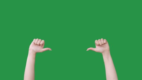 Disapproval gesture. Skeptic judgement. Refusal signal. Negative feedback. Female hands showing thumbs down isolated on green chroma key copy space background.