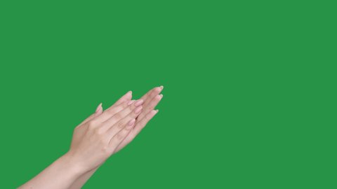 Respect applause. Success congrats. Encouragement support. Female hands slow clapping isolated on green chroma key copy space promotional background.