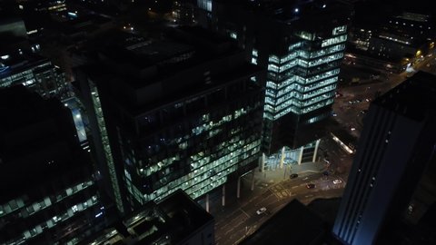 BIRMINGHAM, UK - 2022: Night aerial view of Birmingham UK city centre office buildings