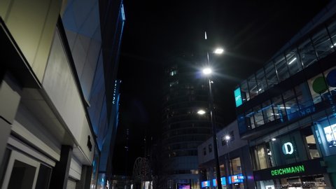 BIRMINGHAM, UK - 2022: Dark night low aerial view of the Bullring building in Birmingham UK