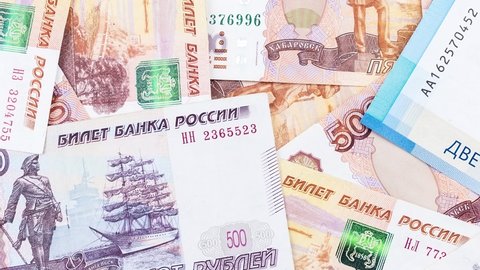 5000 russian rubles bills lies in big pile. Rich life conceptual background. Big amount of money