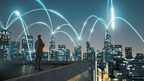 Smart City Technology Businessman On Skyscraper Connecting Ai Data Network Digital 5g City Roof With Smartphone Information. Night Skyline Smart City Visualization Earth Globalization  - Powered by Shutterstock - Get 15% off with code: PIKWIZARD15