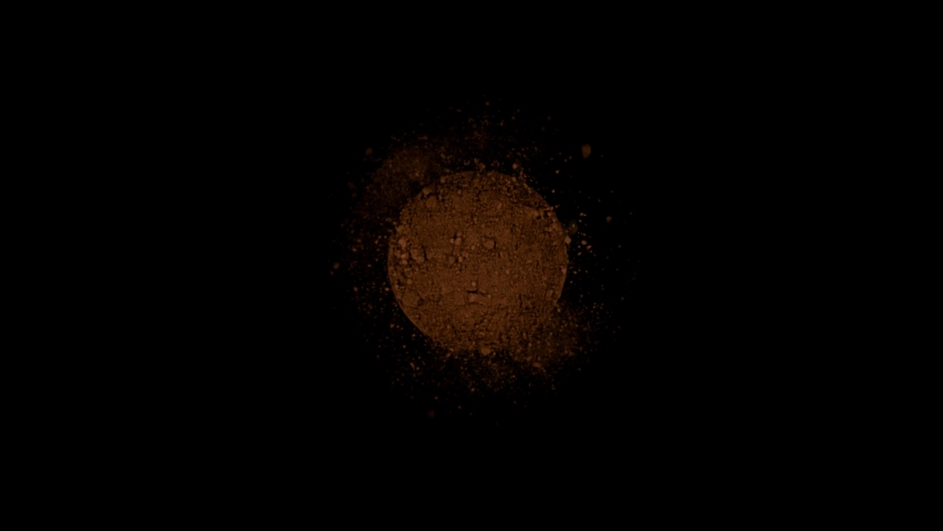 Super slow motion of ground coffee powder rotation on black background. Filmed on high speed cinema camera, 1000fps. Speed ramp effect. Royalty-Free Stock Footage #1088827283