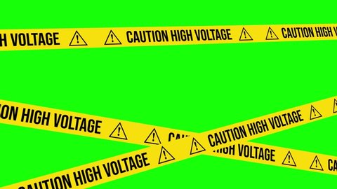CAUTION HIGH VOLTAGE Barricade Tape Lines 4K Animation, Green Background for Chroma Key Use